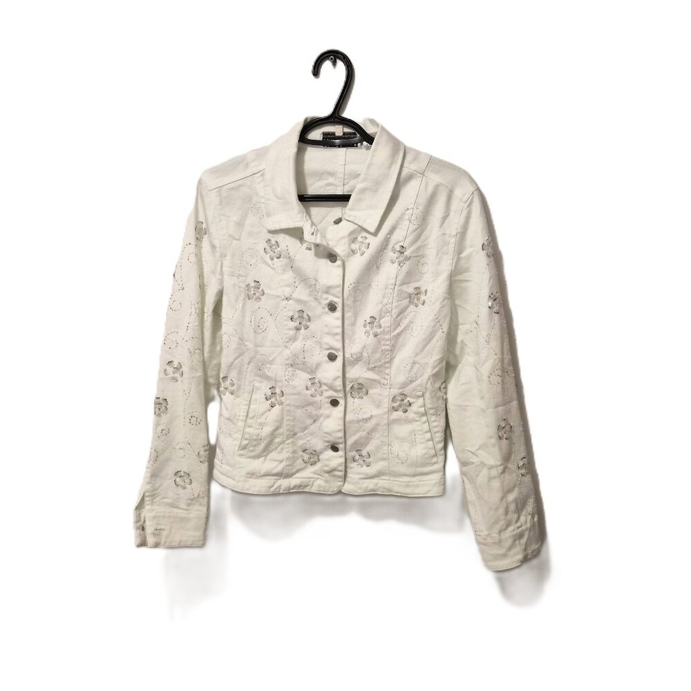 Y2K White Beaded & Sequin Denim Jacket Floral McBling Size S Festive Girly Glam